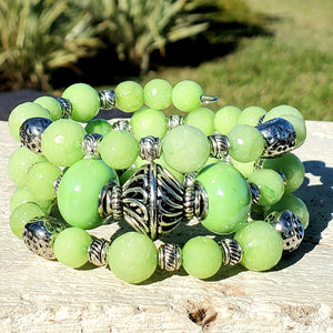 Faceted Lime Green Jade and Stainless Steel Triple Wrap