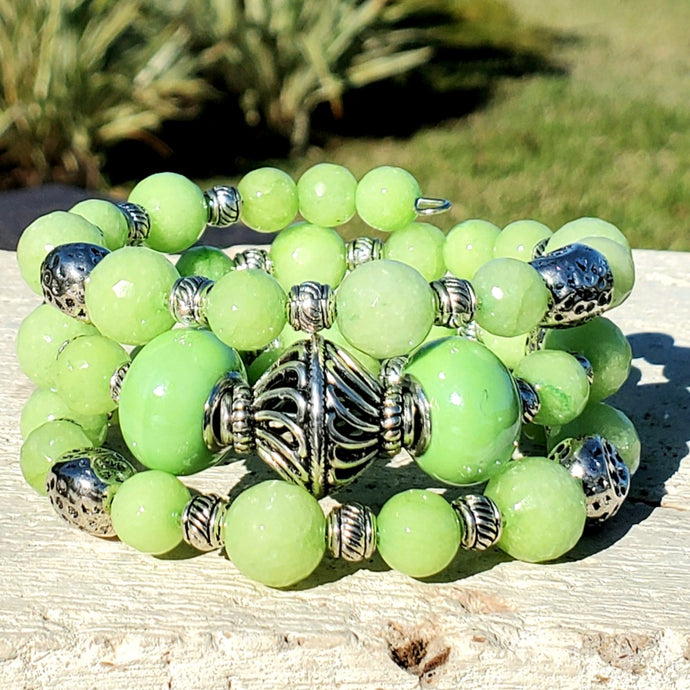 Faceted Lime Green Jade and Stainless Steel Triple Wrap