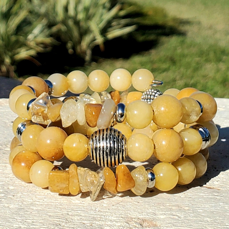 Gorgeous Yellow Jade and Yellow Jade, Citrine & Clear Quartz Chips Triple Wrap Memory Bracelet