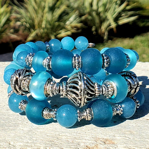 Jade, Sea Glass, Striped Agate & Amazonite Triple Wrap Bracelet