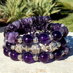 Deep Purple Jade and Amethyst Triple Wrap Memory Bracelet