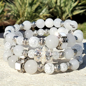 White Jade, Moonstone & White Crackle Triple Wrap