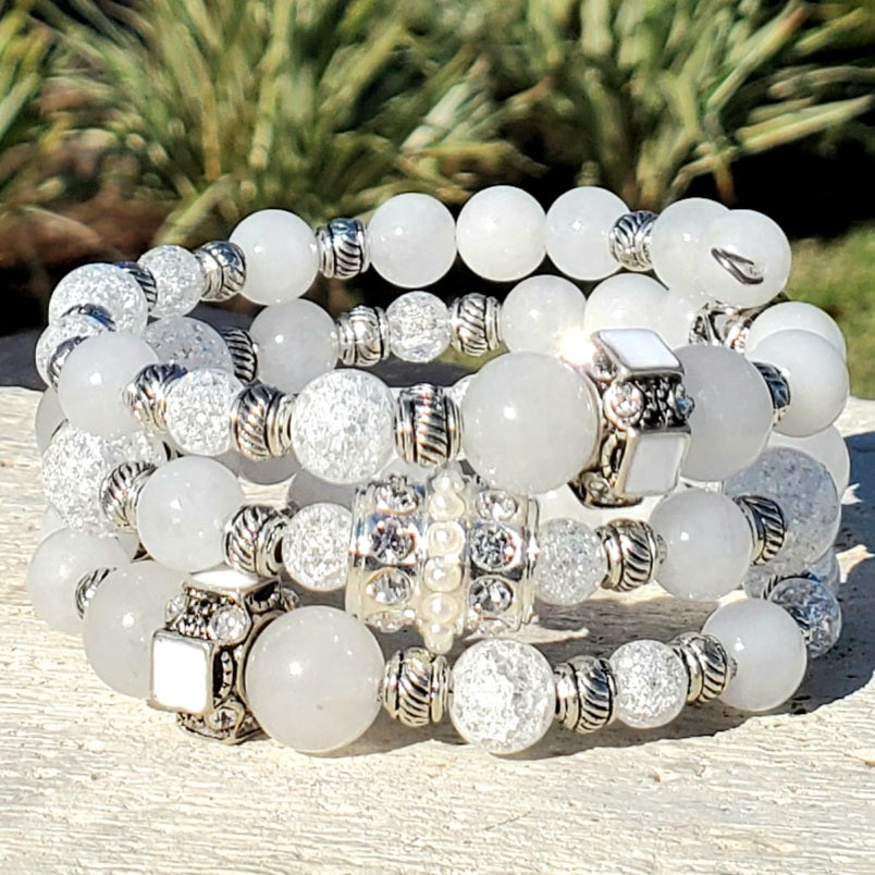 White Jade, Moonstone & White Crackle Triple Wrap